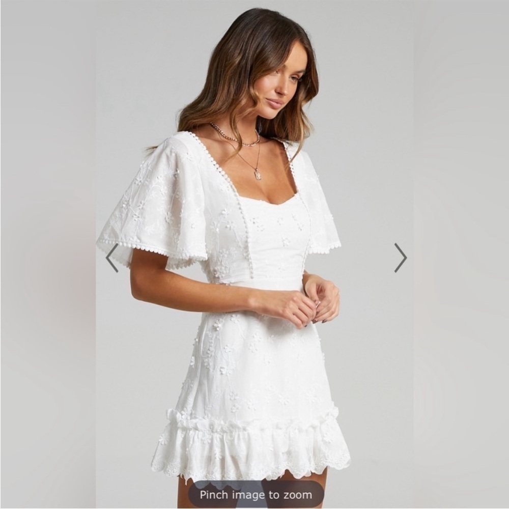Showpo. Fancy A Spritz White Square Neck Mini Dress Embroidery Size 4 NWT